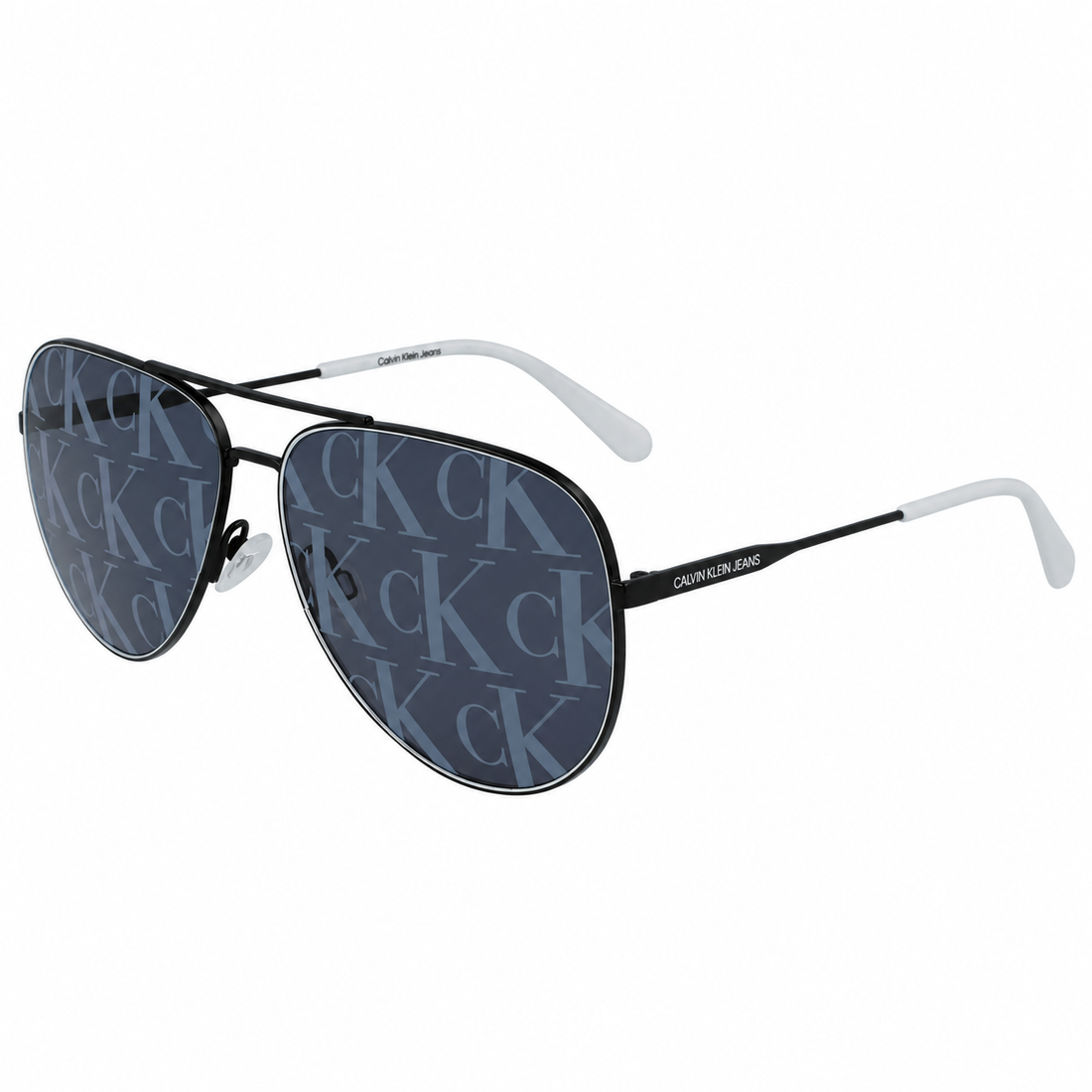 Calvin Klein Men Black Aviator Sunglasses with Blue CK Logo Pattern Lenses (CKJ21214S)