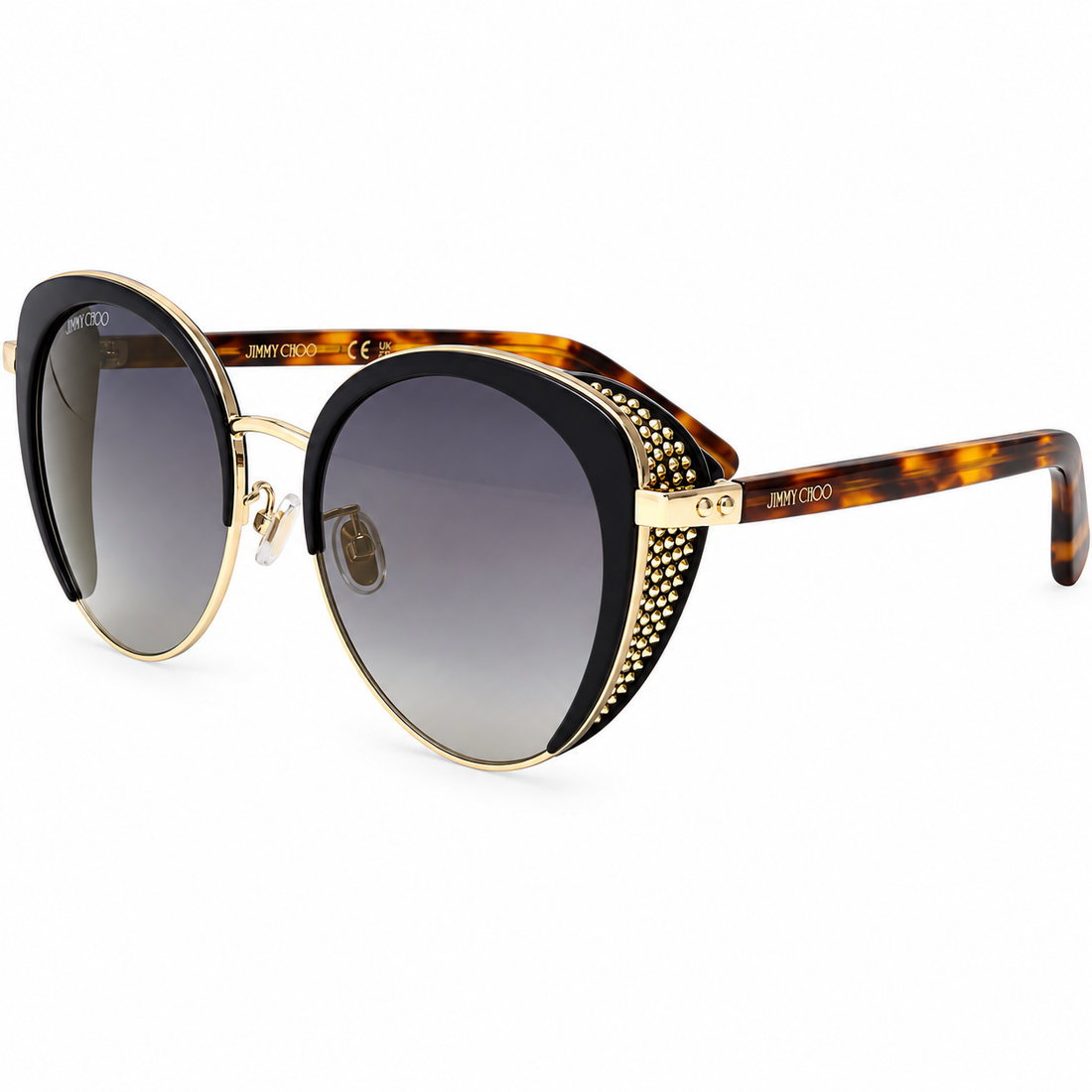 Jimmy Choo Black Cat Eye Sunglasses with Gold Trim and Grey Gradient Lenses (GABBY FS)