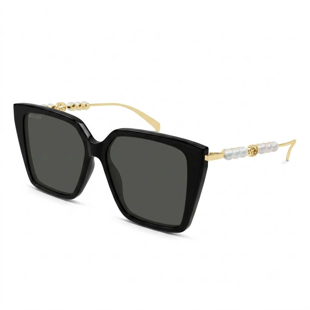 Gucci Black Acetate Square Sunglasses with Gold Pearl Temples (GG1967S)