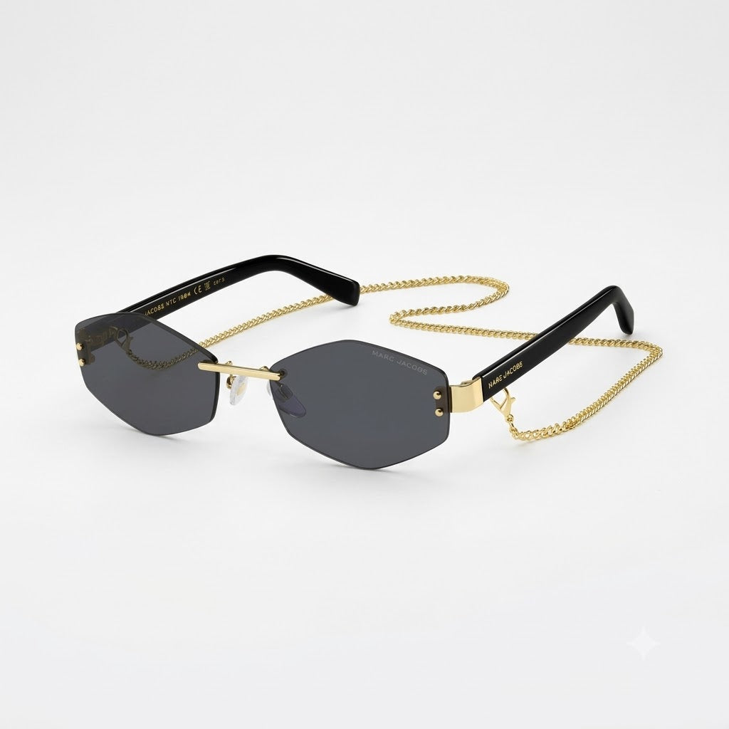 Marc Jacobs Geometric Rimless Black Gold Sunglasses with Grey Blue Lenses (MARC496 AIR)