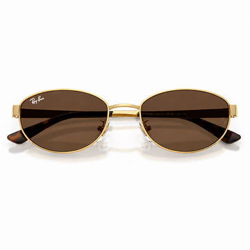 Ray-Ban Full Rim Oval Sunglasses with Gold Metal Frame and Dark Brown Lenses (RB3774D)