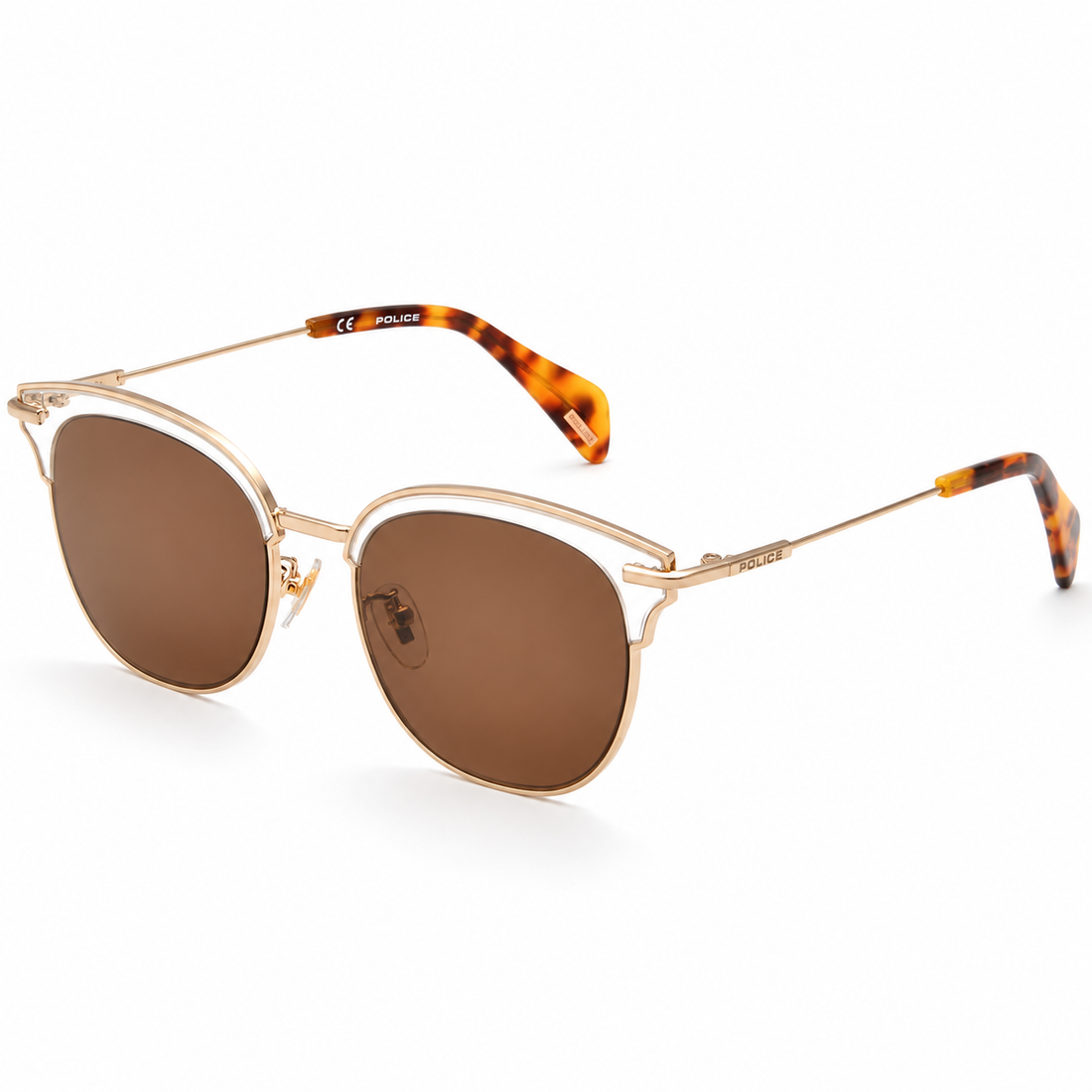 Police Women Gold Metal Full Rim Butterfly Sunglasses with Brown Lenses (SPL622K)