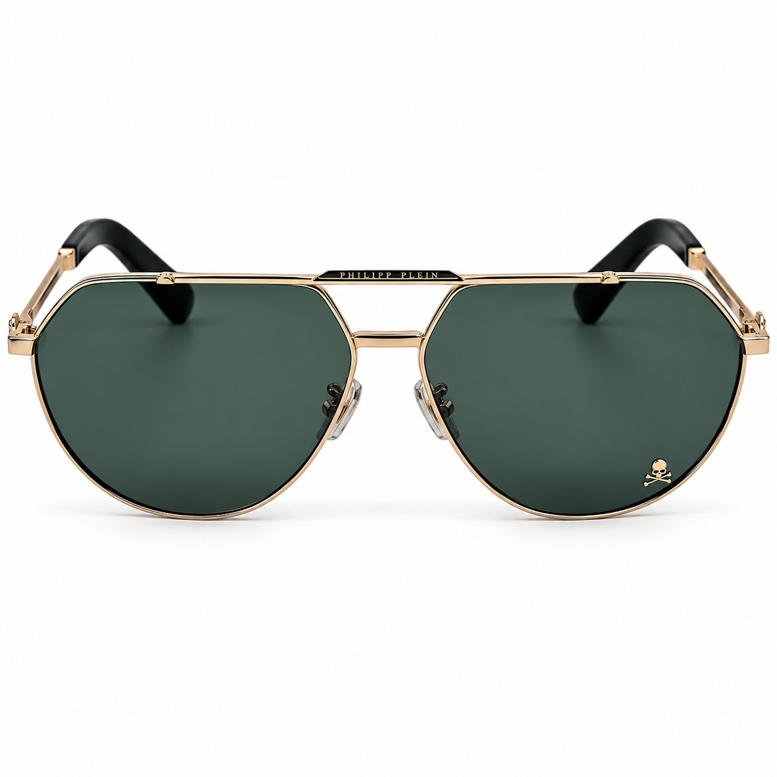 Philipp Plein Gold Metal Aviator Sunglasses with Green Lenses and Black Temples (SPP007)