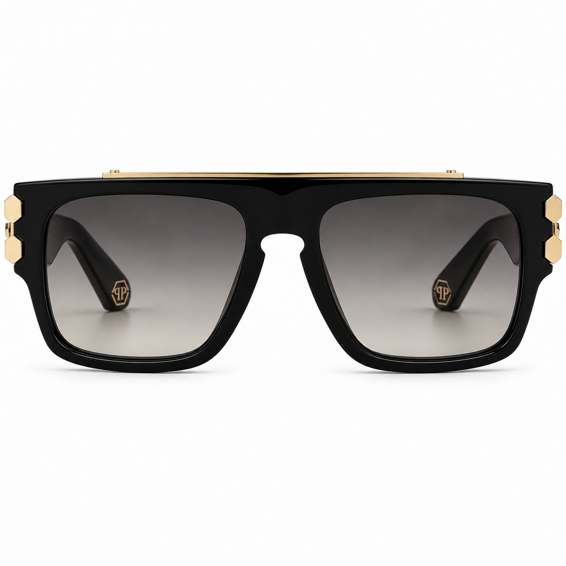 Philipp Plein Black Square Acetate Titanium Sunglasses with Dark Grey Gradient (SPP011)