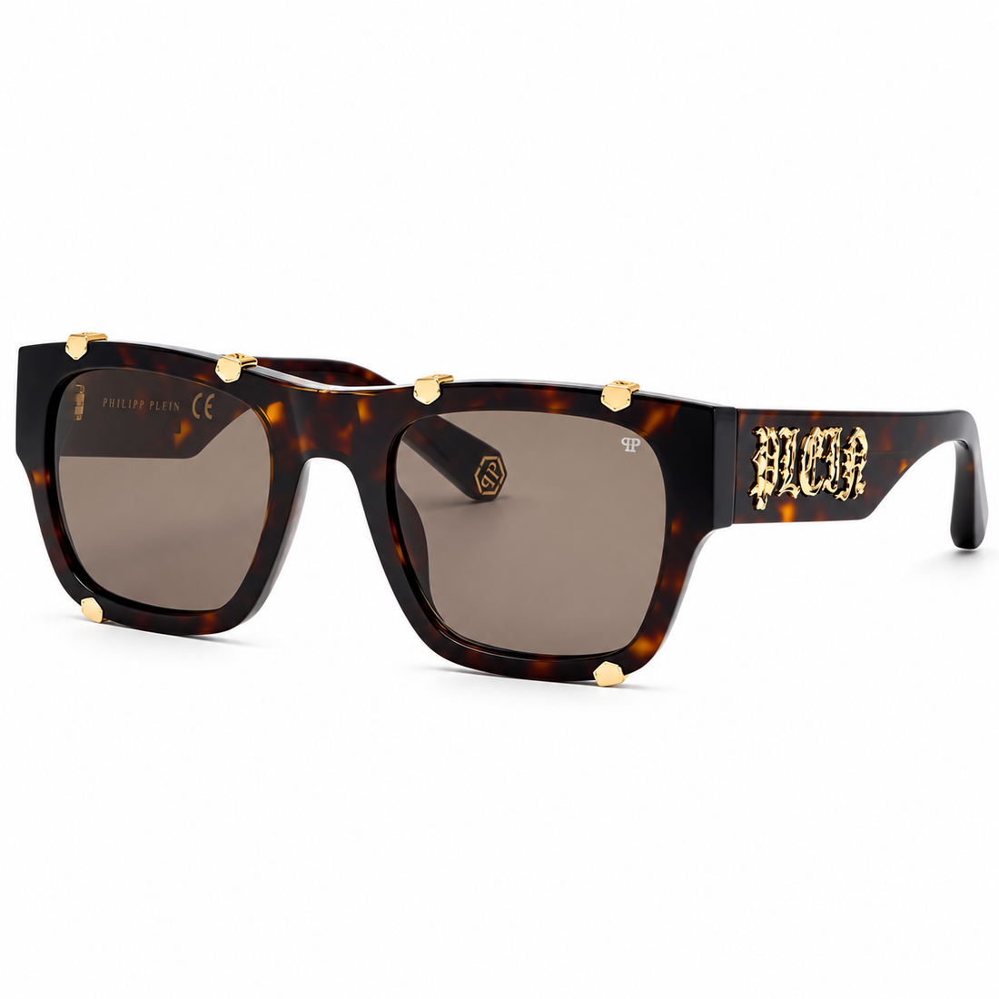 Philipp Plein Black Acetate Square Sunglasses with Brown Mirror Lenses (SPP042W)