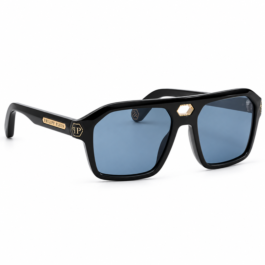 Philipp Plein Black Square Acetate Luxury Fashion Sunglasses with Blue Lenses (SPP072)