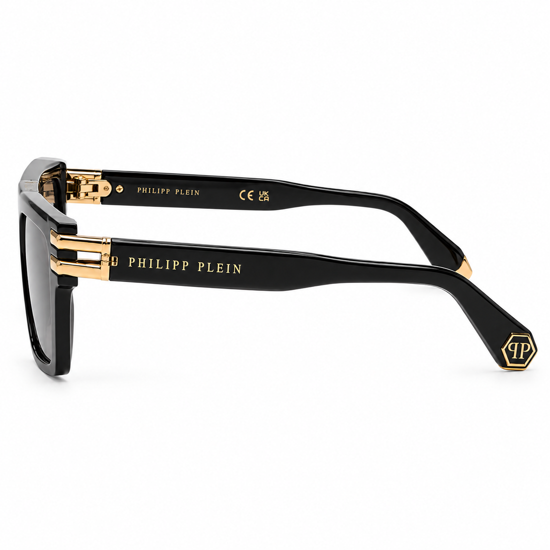 Philipp Plein Black Square Acetate Sunglasses with Smoke Black Lenses and Gold Details (SPP108)