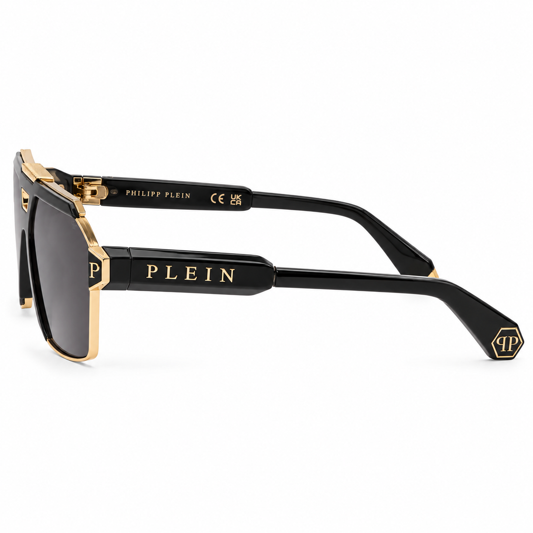 Philipp Plein Black Gold Triangle Sunglasses with Smoke Grey Lenses (SPP147)