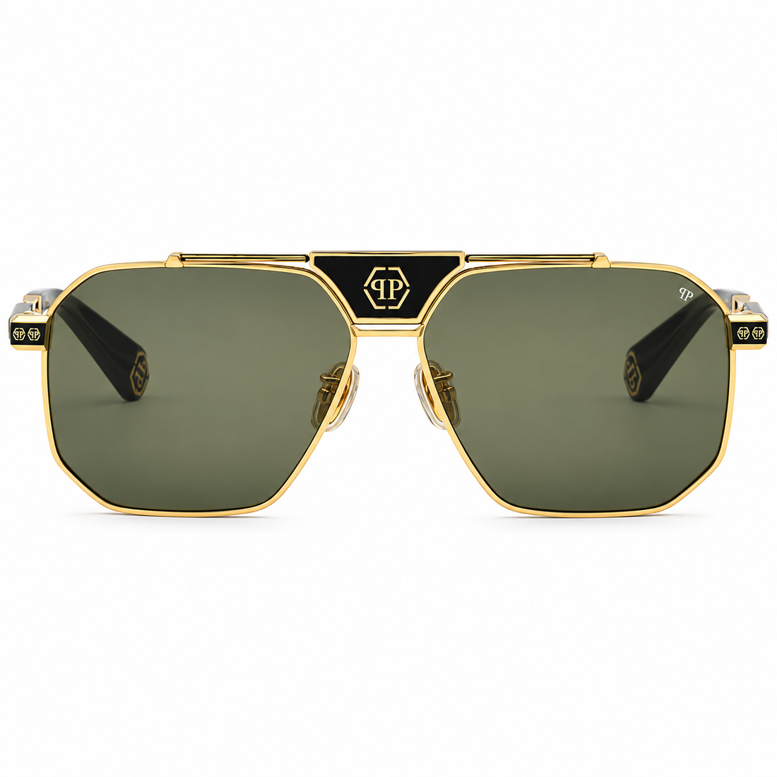 Philipp Plein Gold Metal Aviator Sunglasses with Green Lenses and Black Temples (SPP152V)