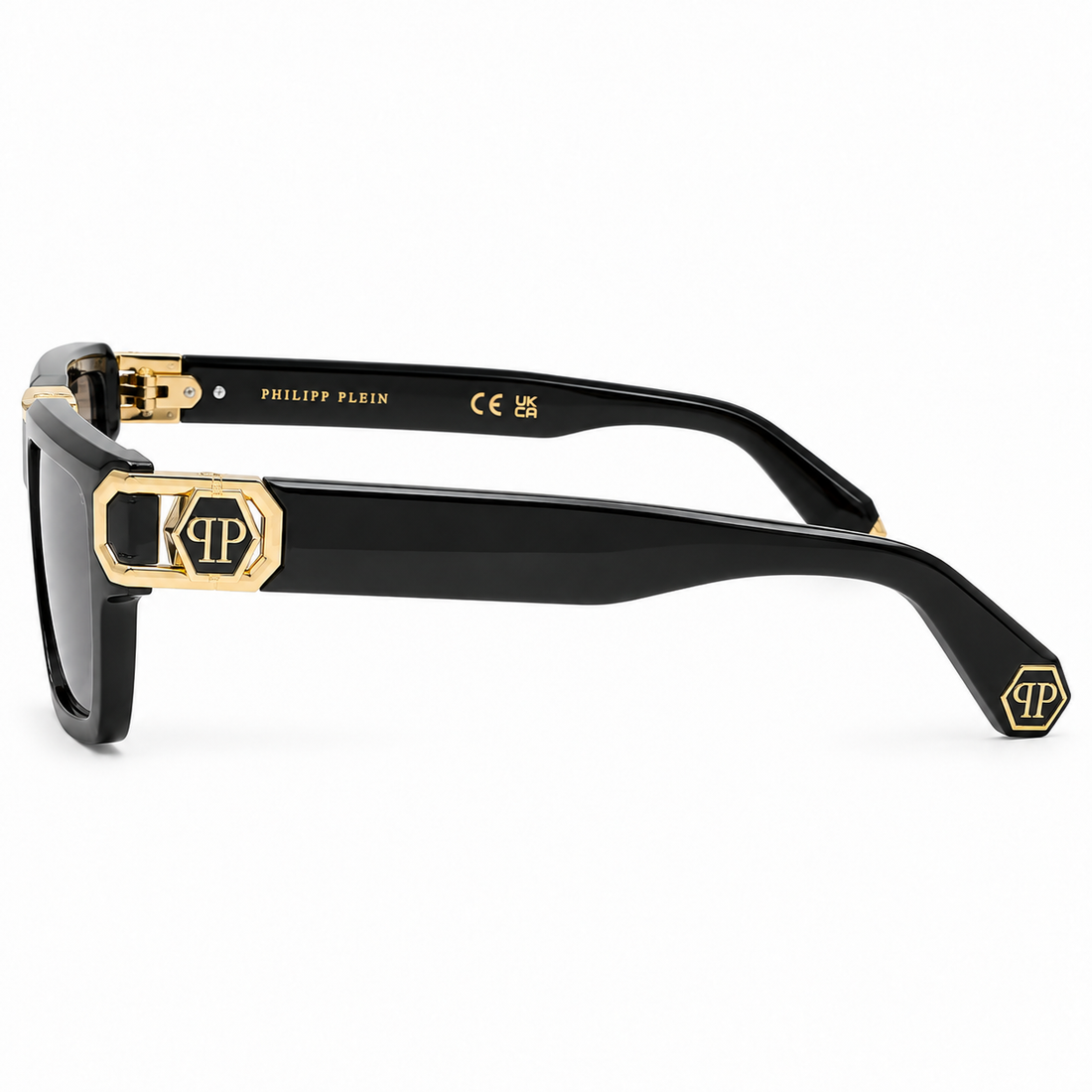 Philipp Plein Black Square Acetate Sunglasses with Grey Lenses and Gold PP Details (SPP206)