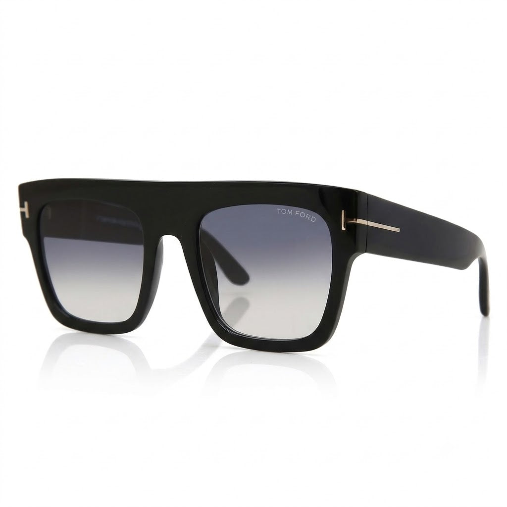 Tom Ford Shiny Black Acetate Square Sunglasses Goggles with Gradient Smoke Grey Lenses (TF847)