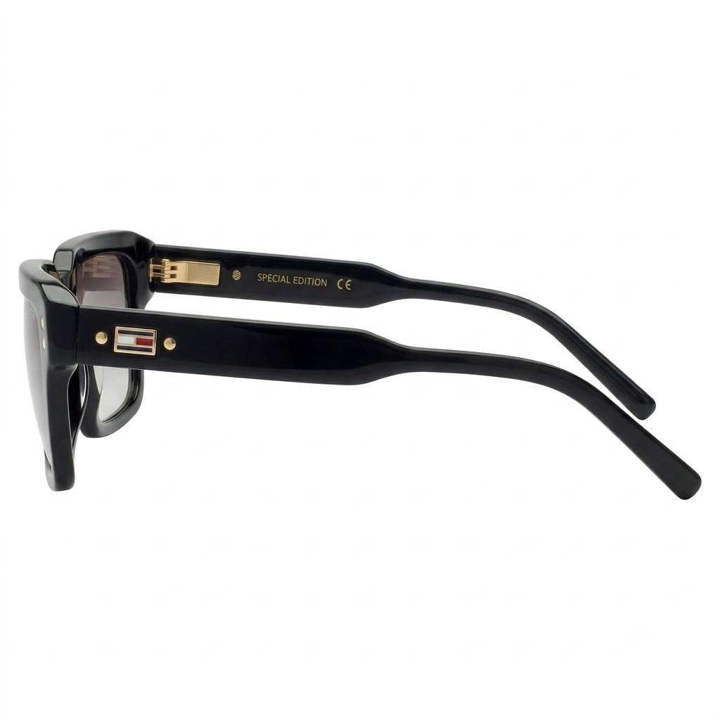 Tommy Hilfiger Black Acetate Square Sunglasses with Gold Flag Detail and Gradient Lenses (TH8008)