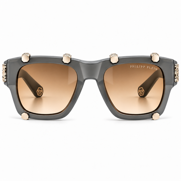 Philipp Plein Black Acetate Square Sunglasses with Brown Mirror Lenses (SPP042W)